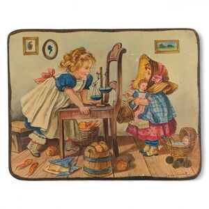 Wood Plaque Decoupage Wall Hanging Art Girls Playing Dolls John Kent 8" x 10"